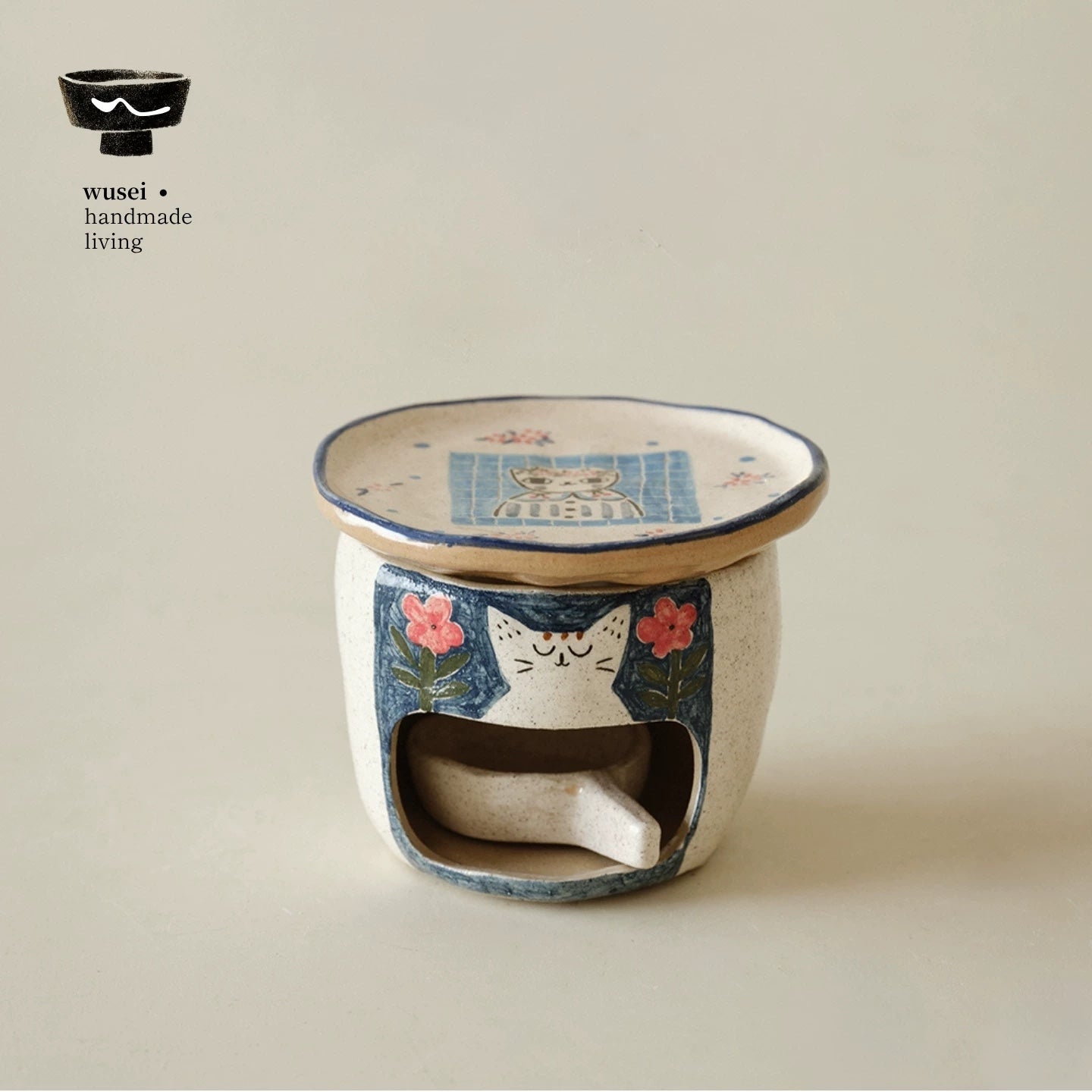 Hand-Painted Ceramic Aroma Burner with Cat Motif