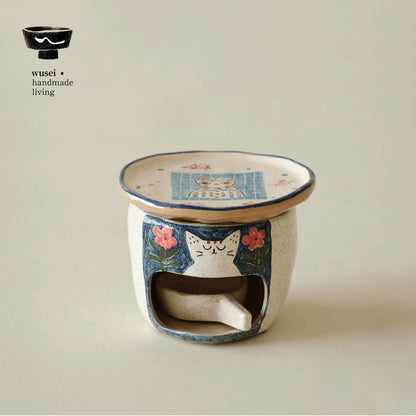 Hand-Painted Ceramic Aroma Burner with Cat Motif