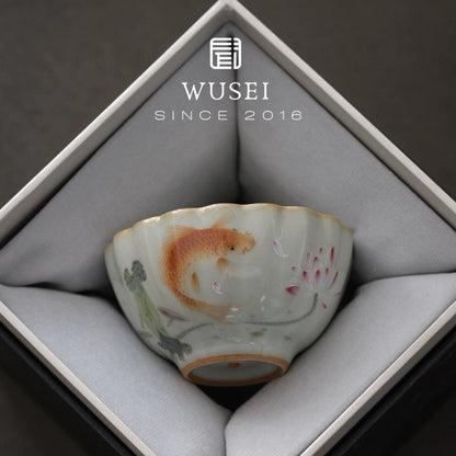 Sky-Blue Ru Ware Tea Cup, Hand-Painted Fish Motif