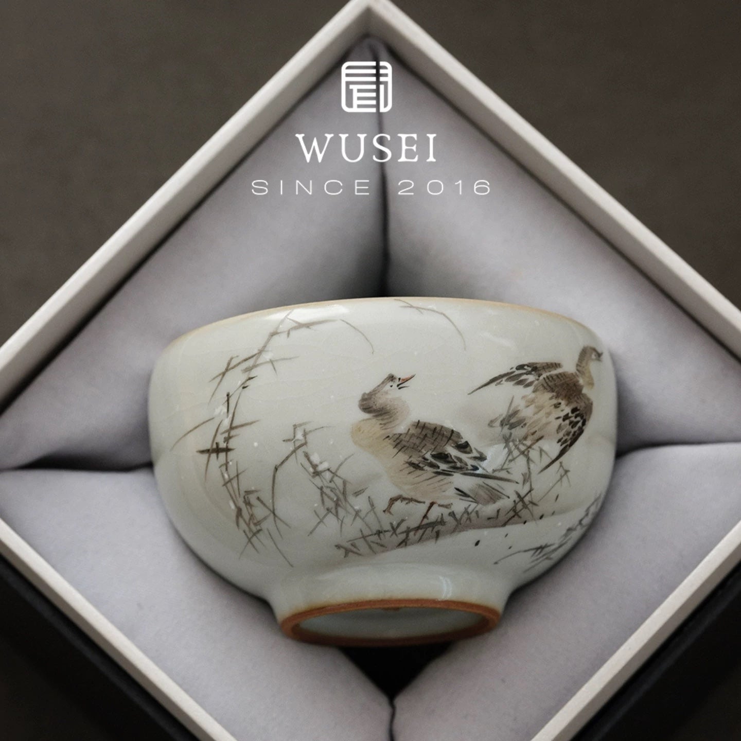 Hand-Painted Sky-Blue Ru Glaze Tea Cup – Snowy Geese