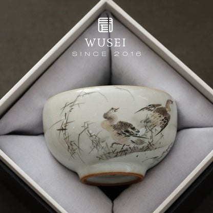 Hand-Painted Sky-Blue Ru Glaze Tea Cup – Snowy Geese