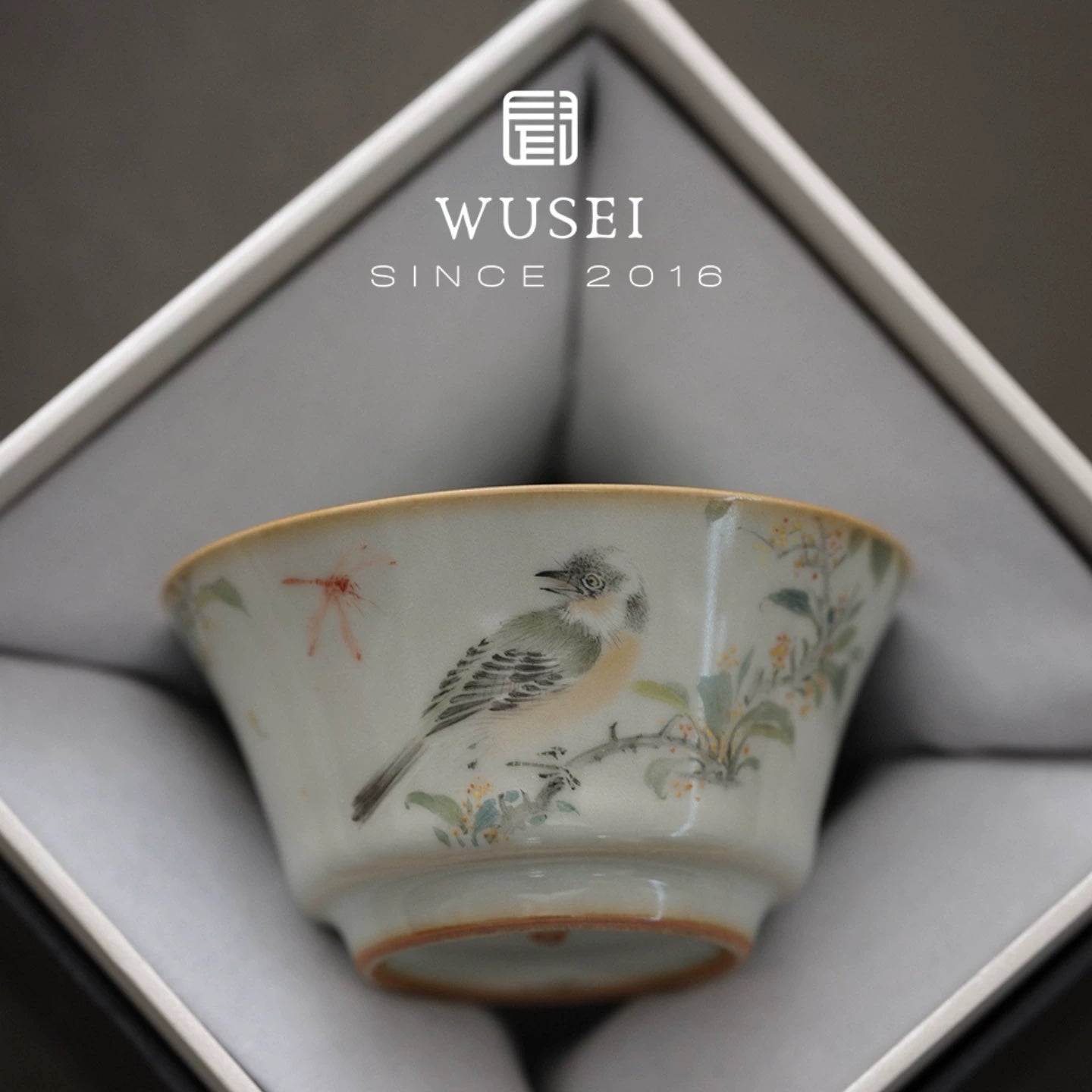 Hand-Painted Ru-Kiln Teacup – Sky Blue with Birds & Blooms