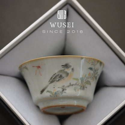 Hand-Painted Ru-Kiln Teacup – Sky Blue with Birds & Blooms