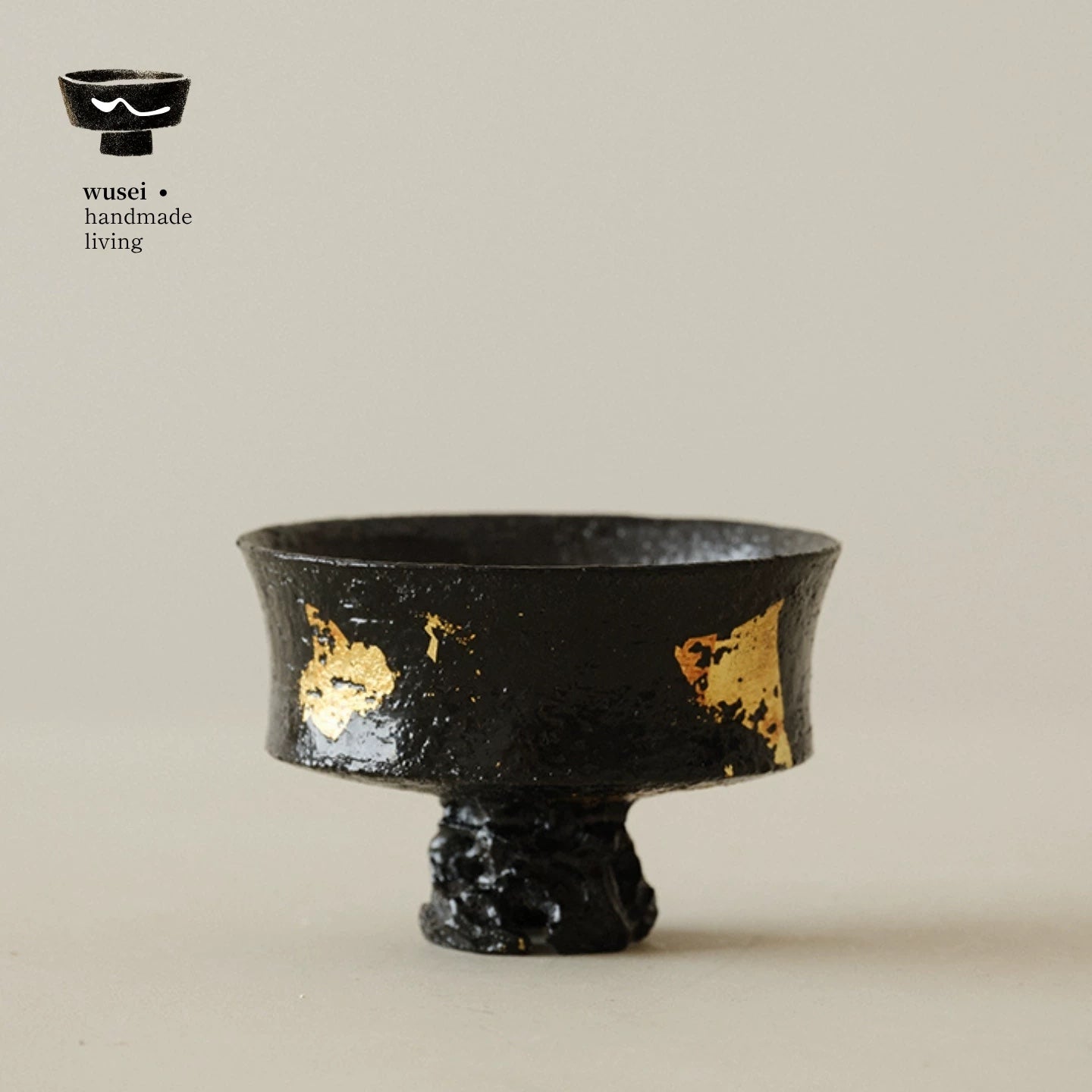Lacquered Wabi-Sabi Gold-Leaf Stem Cup with Scholar Stone Base