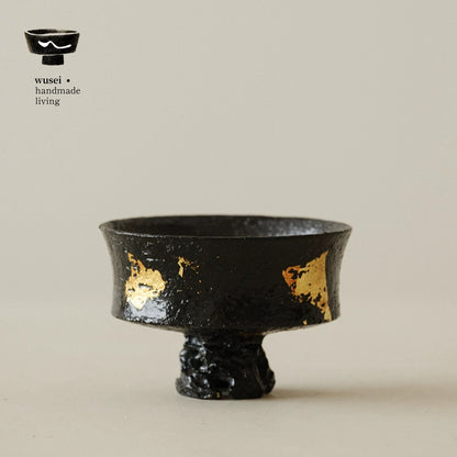Lacquered Wabi-Sabi Gold-Leaf Stem Cup with Scholar Stone Base