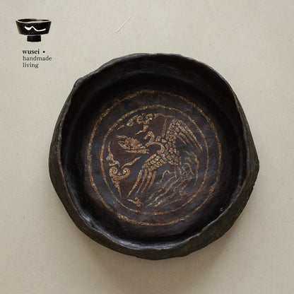 Lacquer Tea Tray with Ancient Bird Motif, Handmade Wabi-Sabi