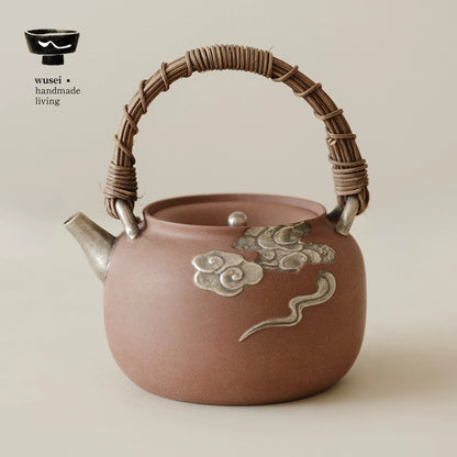 Stoneware Teapot & Charcoal Stove Set with Silver Clouds