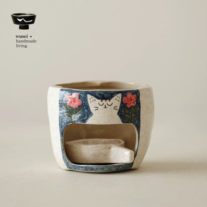 Hand-Painted Cat Teapot & Warmer Set, Stoneware
