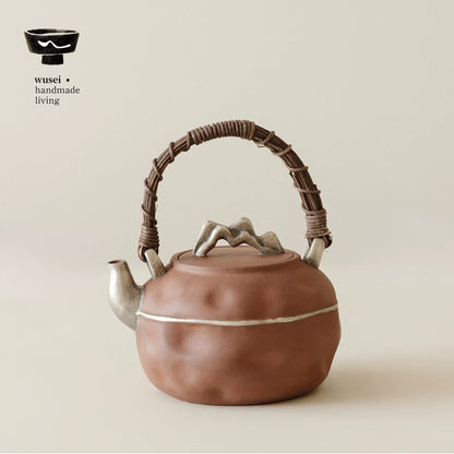 Rustic Clay Teapot & Charcoal Stove Set with Silver Wash