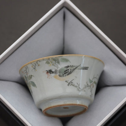 Hand-Painted Ru-Kiln Teacup – Sky Blue with Birds & Blooms