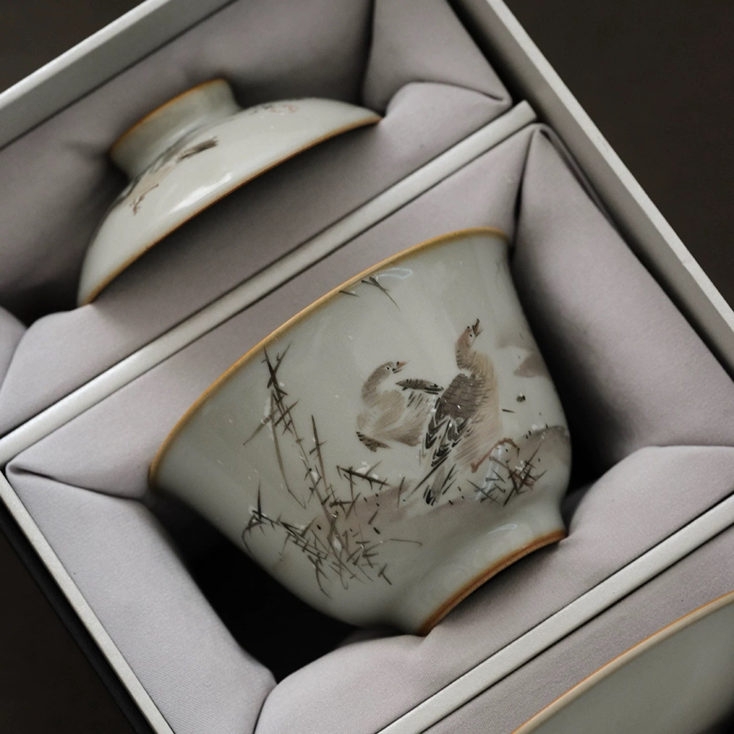 Hand-Painted Sky-Blue Ru Glaze Tea Cup – Snowy Geese
