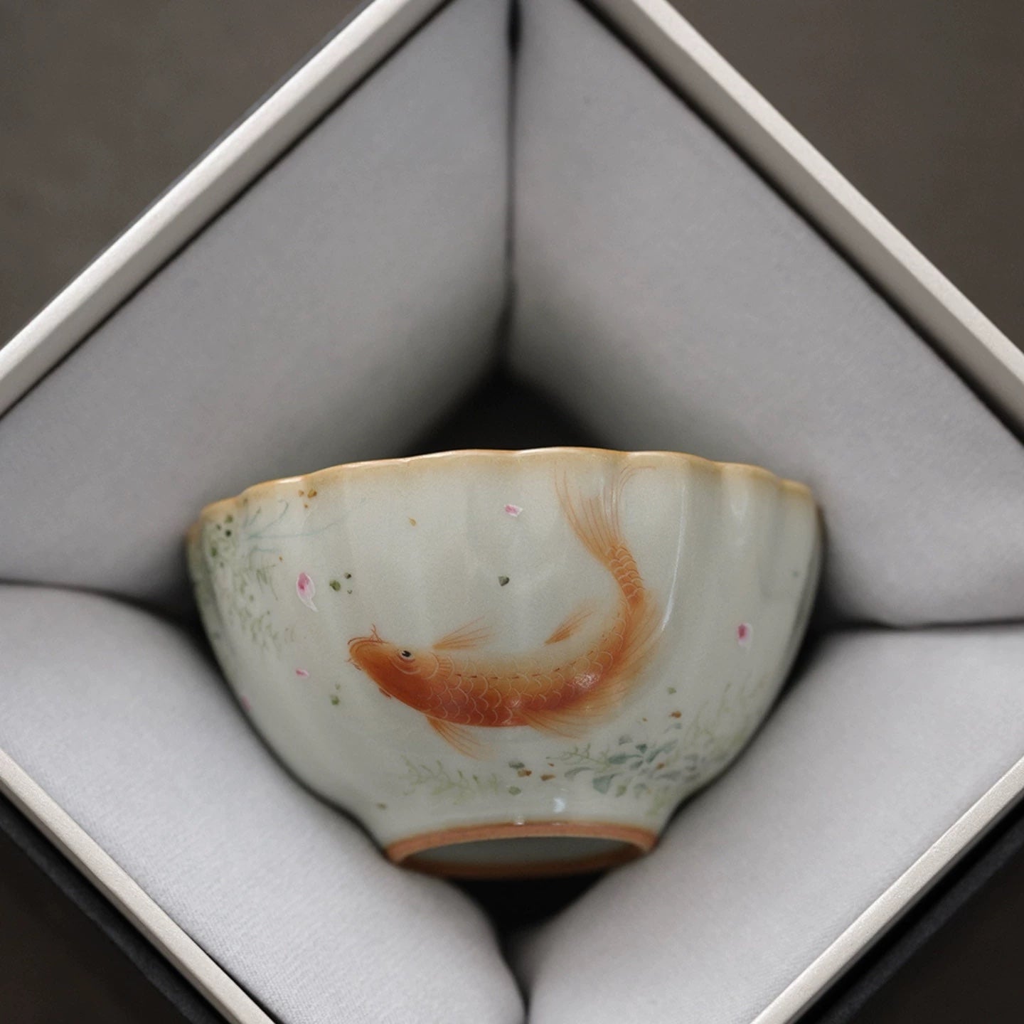 Sky-Blue Ru Ware Tea Cup, Hand-Painted Fish Motif
