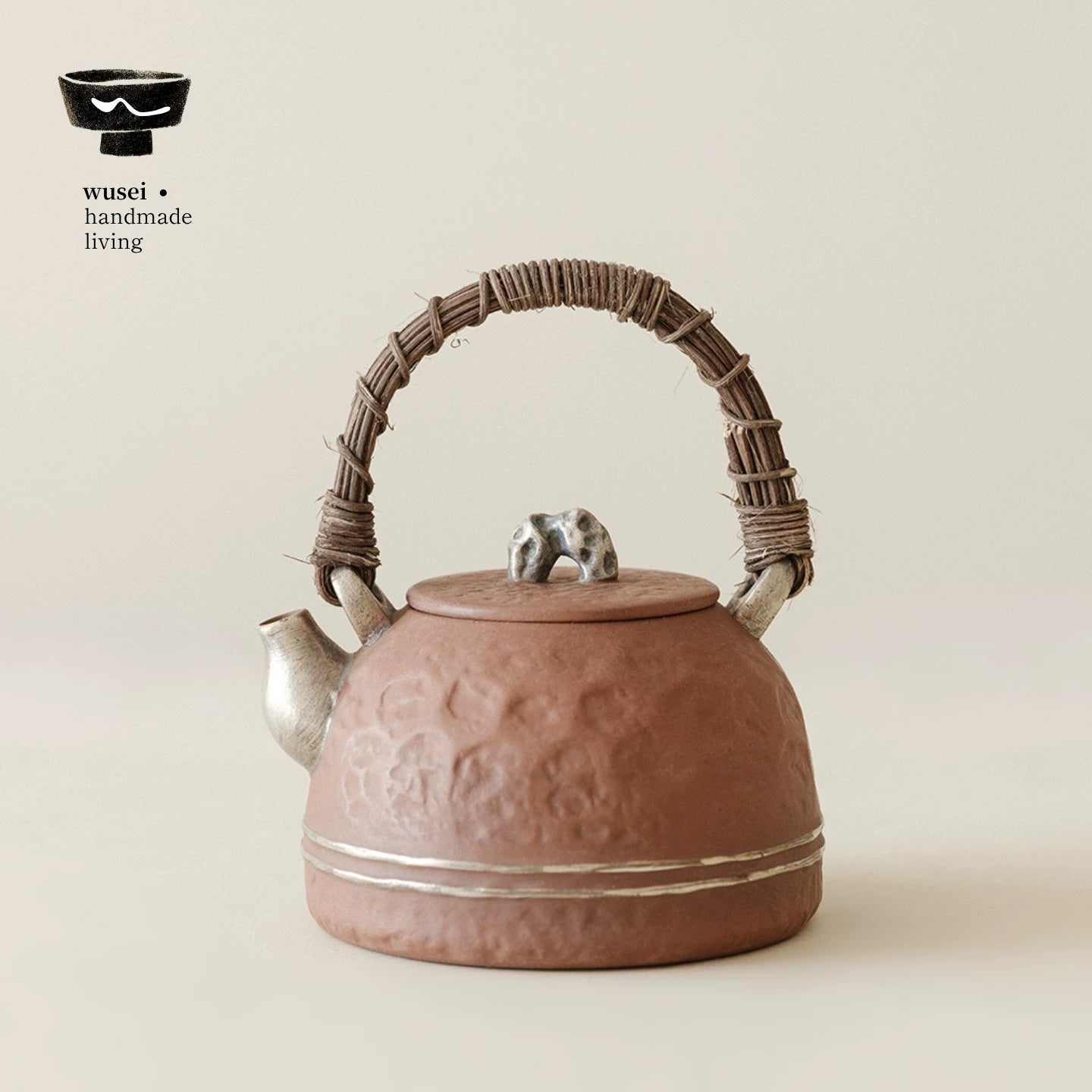 Taihu Stone Handle Teapot & Charcoal Stove Set, Aged Rock Clay with Silver & Powder Glaze