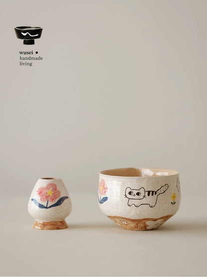 Hand-Painted Ceramic Cat Matcha Bowl Set with Whisk Holder