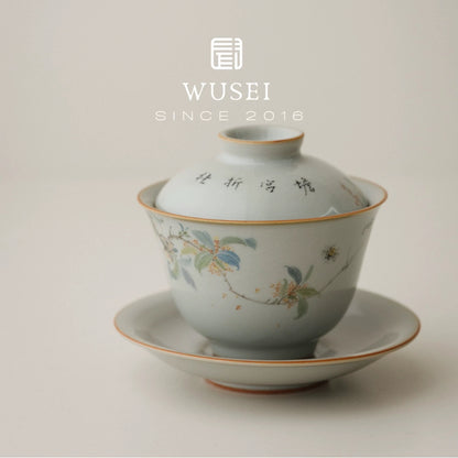 Hand-Painted Sky-Blue Ru Gaiwan with Osmanthus Design