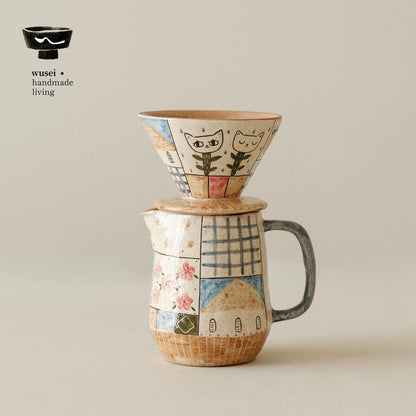 Retro Hand-Painted Ceramic Pour-Over Coffee Set in Oatmeal