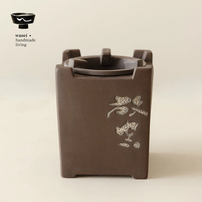 Silver-Accent Clay Charcoal Tea Stove, Vintage Chinese Style