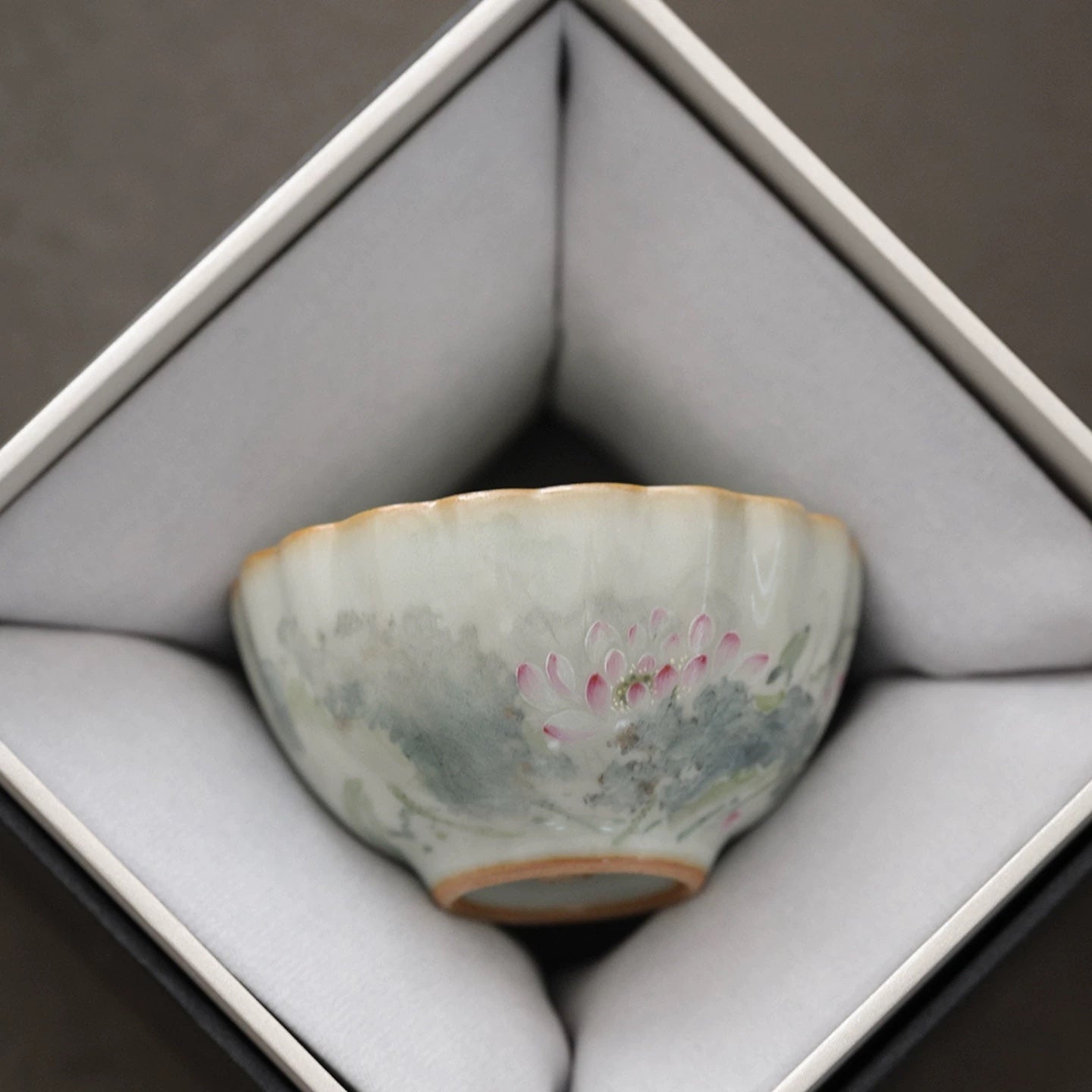 Hand-Painted Sky-Blue Ru Kiln Tea Cup with Lotus