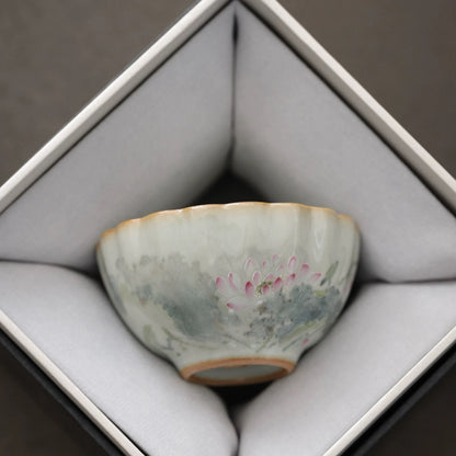 Hand-Painted Sky-Blue Ru Kiln Tea Cup with Lotus