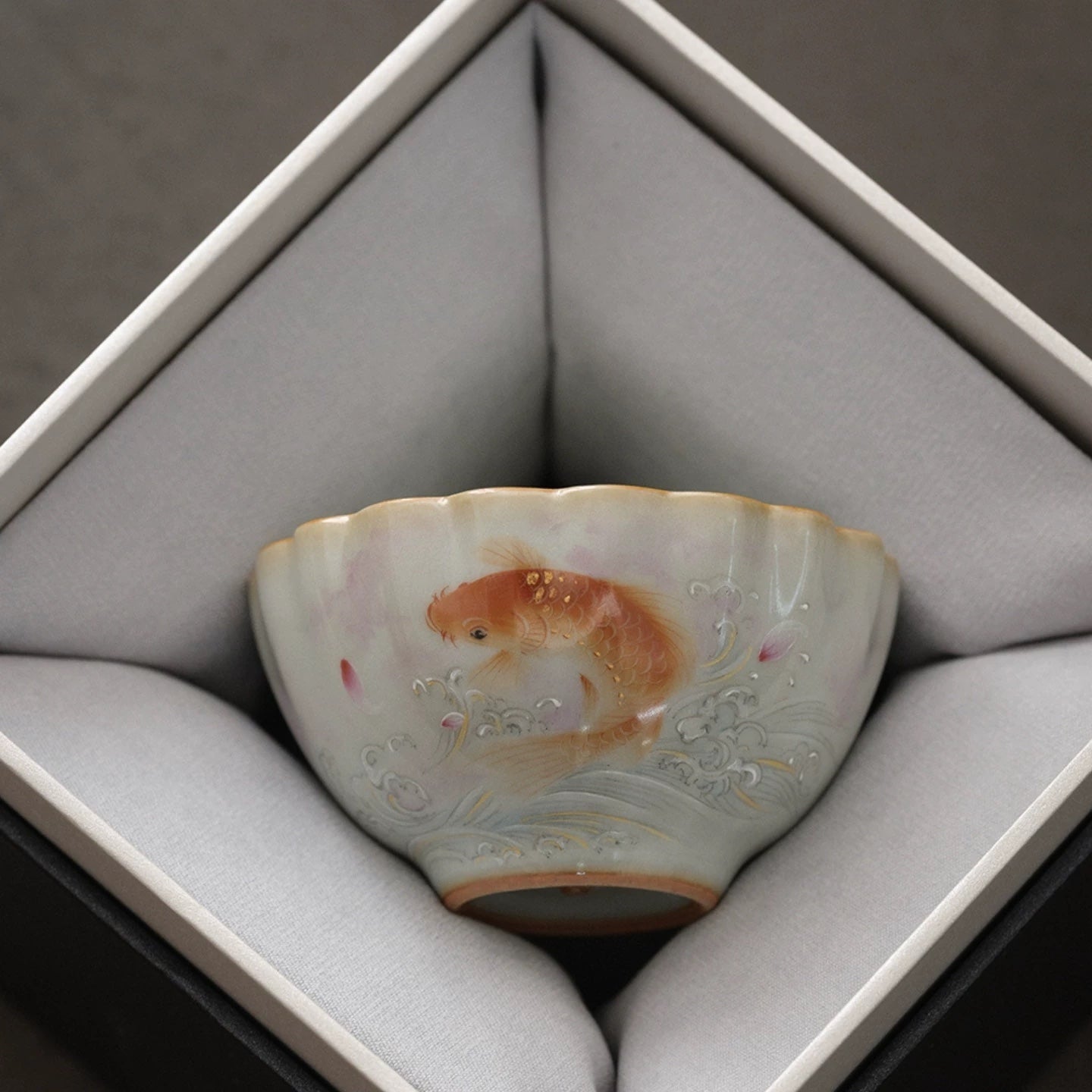 Sky-Blue Ru Ware Tea Cup, Hand-Painted Fish Motif