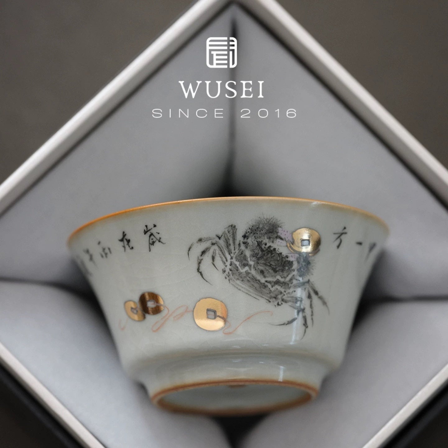Hand-Painted Ru-Glazed Tea Cup – Sky-Blue Fortune Crab