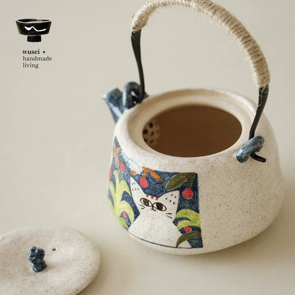 Hand-Painted Cat Teapot & Warmer Set, Stoneware