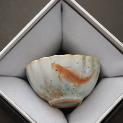 Sky-Blue Ru Ware Tea Cup, Hand-Painted Fish Motif