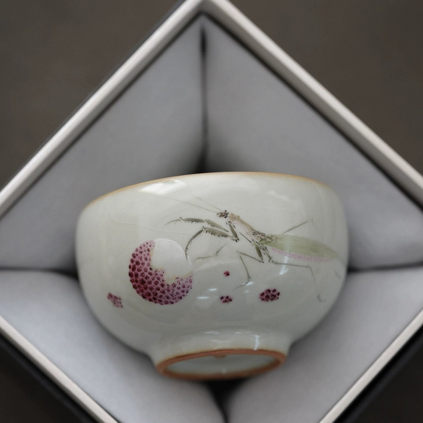 Hand-Painted Sky-Blue Ru Kiln Tea Cup with Lychee & Mantis