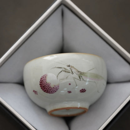 Hand-Painted Sky-Blue Ru Kiln Tea Cup with Lychee & Mantis