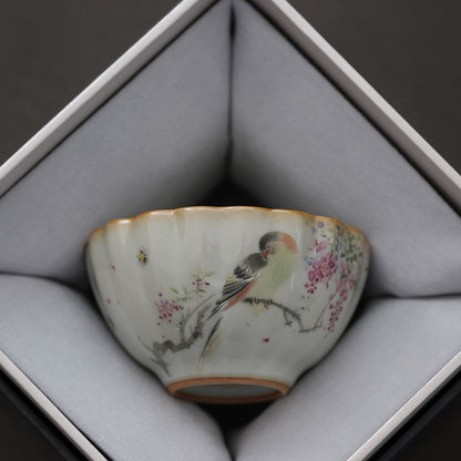 Hand-Painted Sky-Blue Ru Ware Tea Cup with Bird & Flowers
