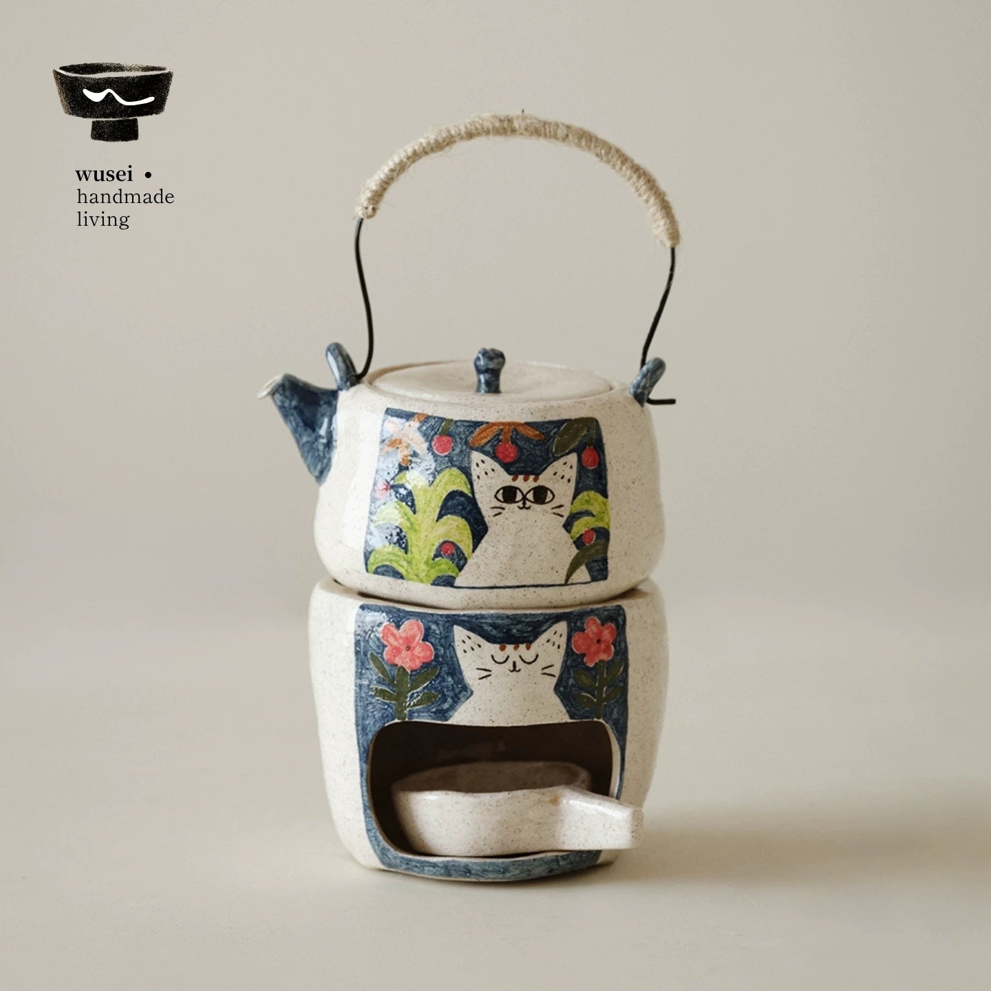 Hand-Painted Cat Teapot & Warmer Set, Stoneware
