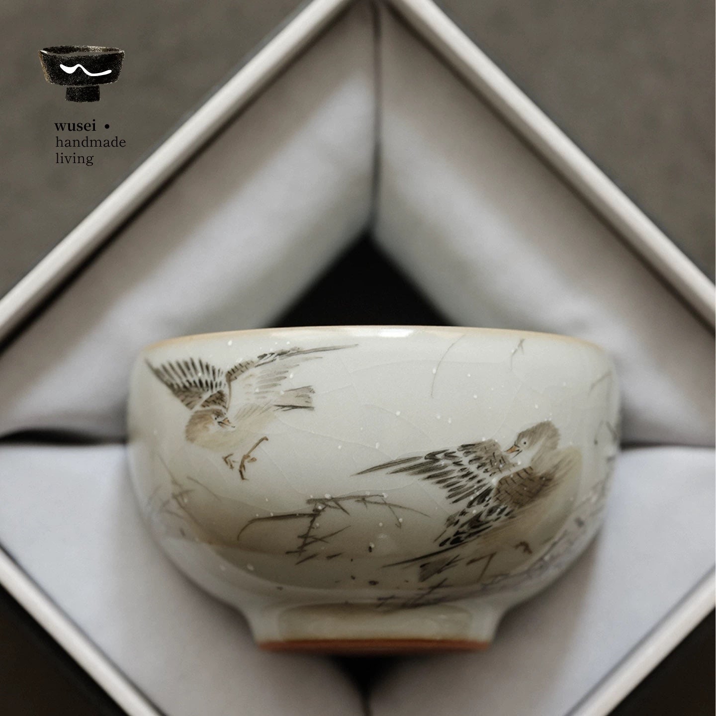 Hand-Painted Sky-Blue Ru Glaze Tea Cup – Snowy Geese
