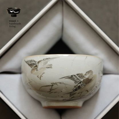 Hand-Painted Sky-Blue Ru Glaze Tea Cup – Snowy Geese